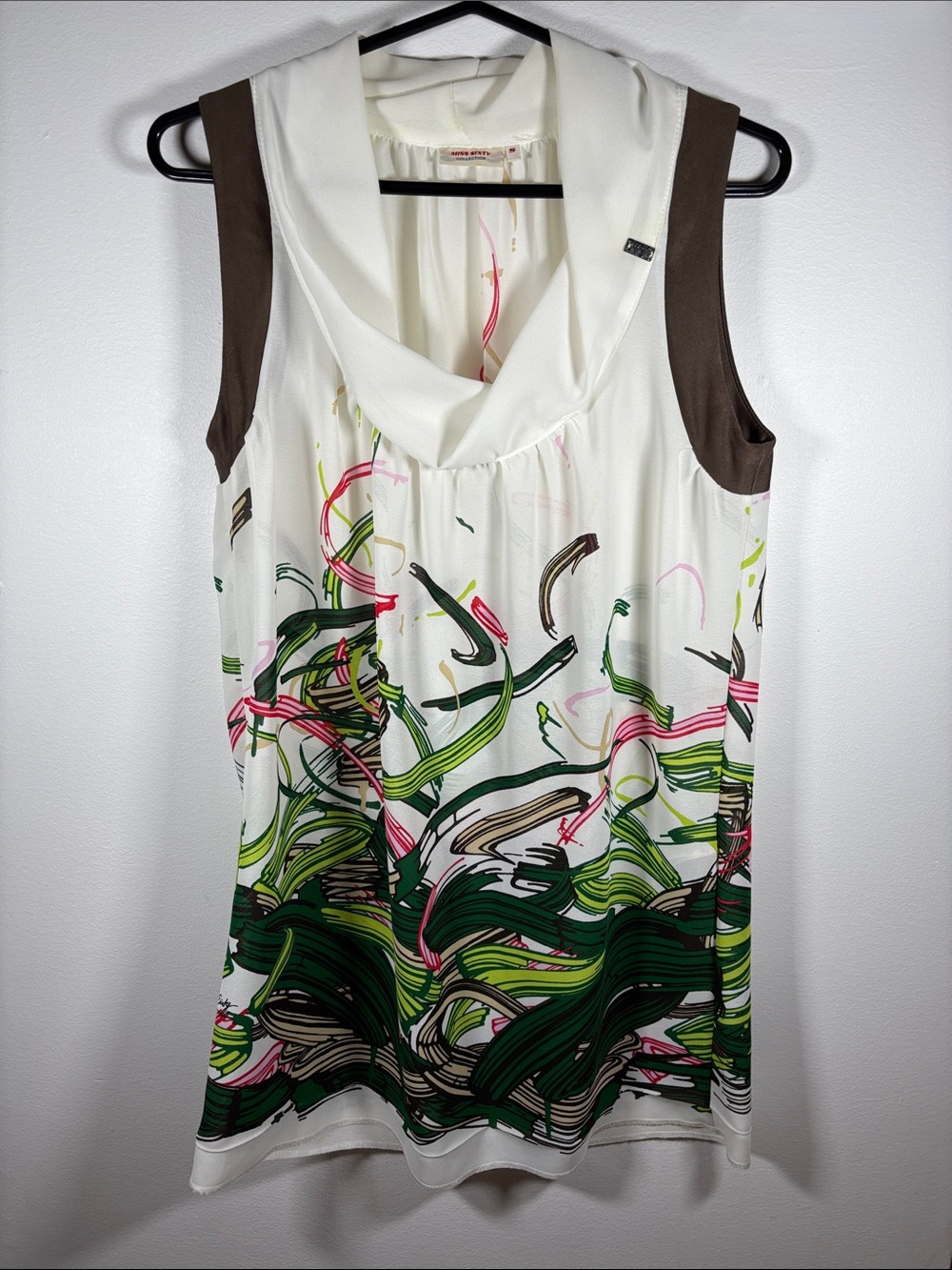 Y2K Miss Sixty Italy White and Green Sleeveless Cowl Neck Tunic / Mini Dress Sz